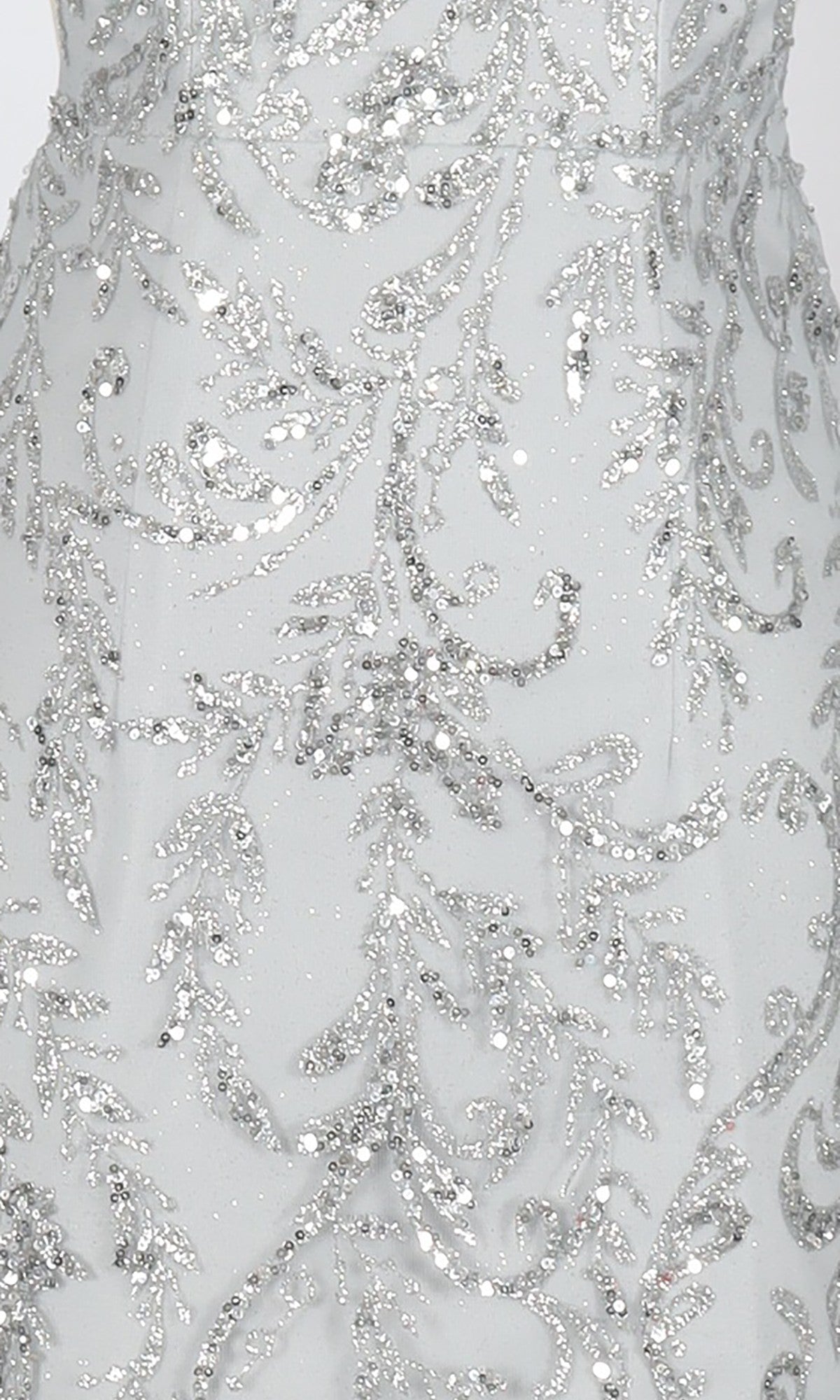 Close-up of the PromGirl Exclusive 250343 short homecoming dress featuring intricate silver sequin and bead embroidery in a leafy pattern on a light background—ideal for a sleeveless mini look.